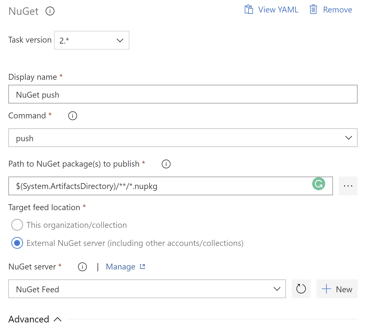 Azure DevOps - nuget task settings