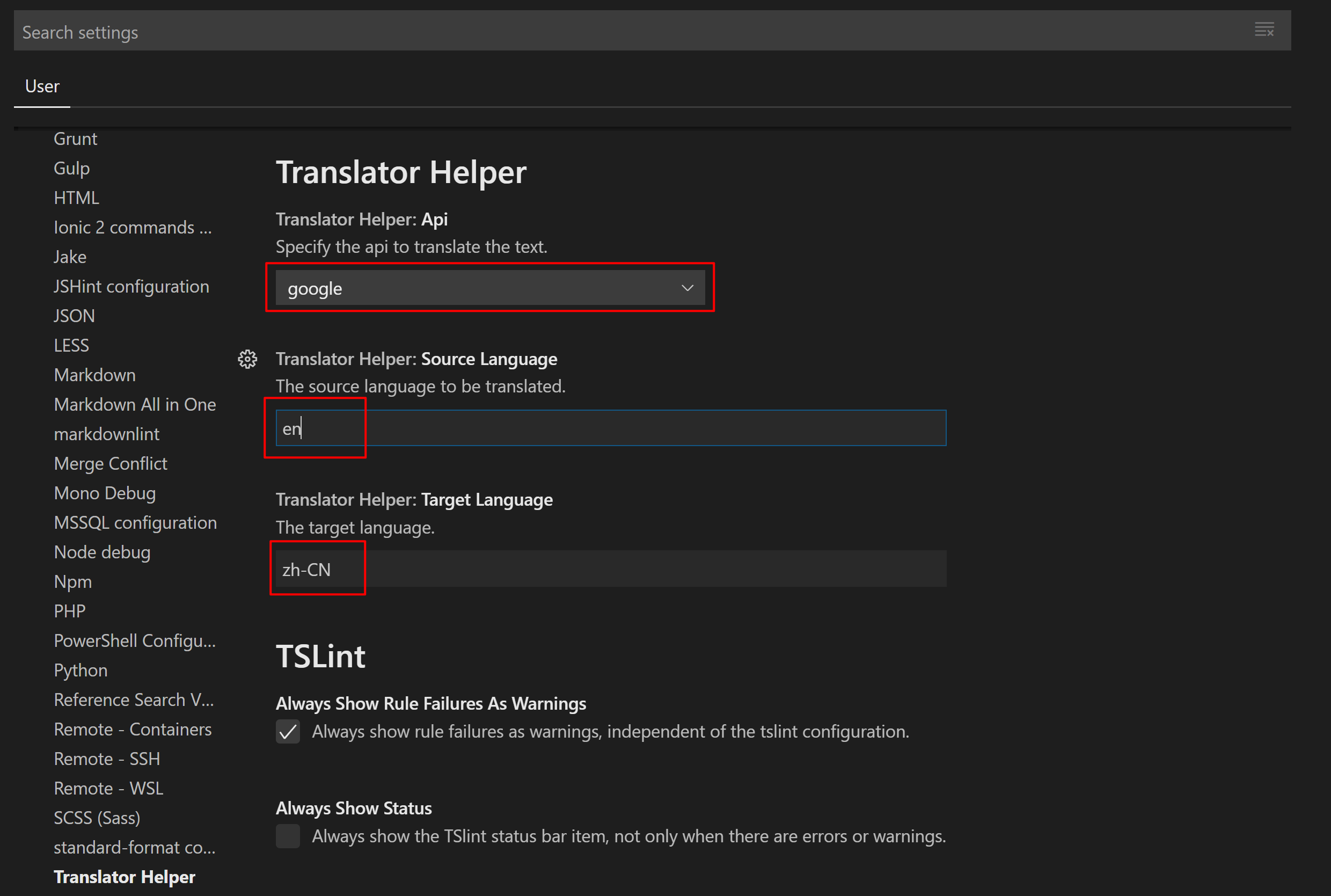 configurations of Translator Helper