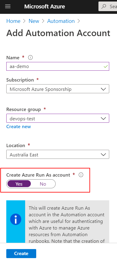 Create Azure Run As account