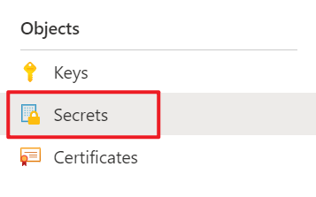 The Secrets menu of Azure Key Vault