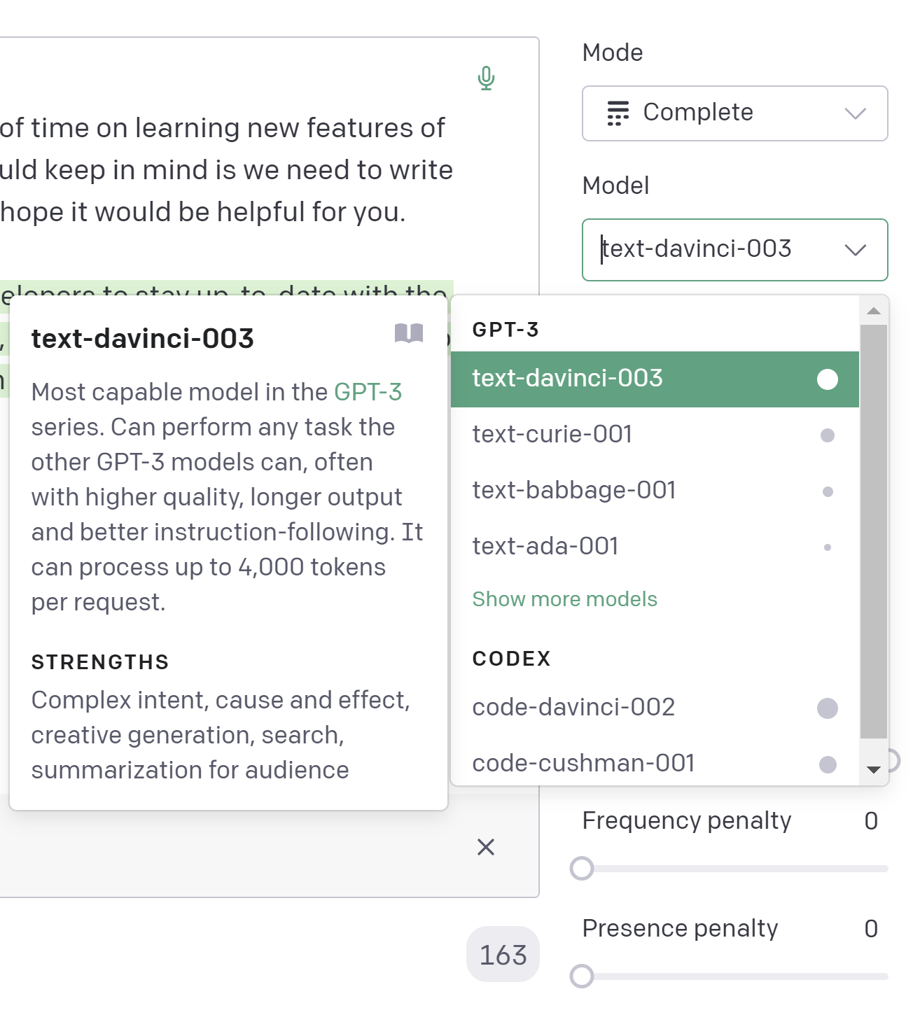 OpenAI API settings